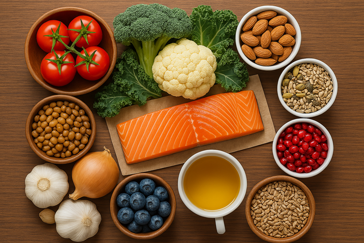 A serene plate of prostate-friendly foods including tomatoes, leafy greens, salmon and nuts